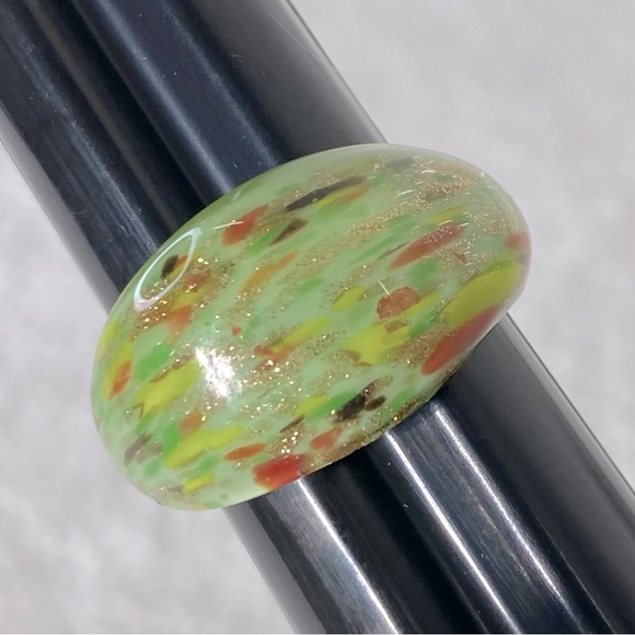 Vintage Art Glass Handmade Green Red Black Gold Glitter Band Ring - Picture 6 of 11